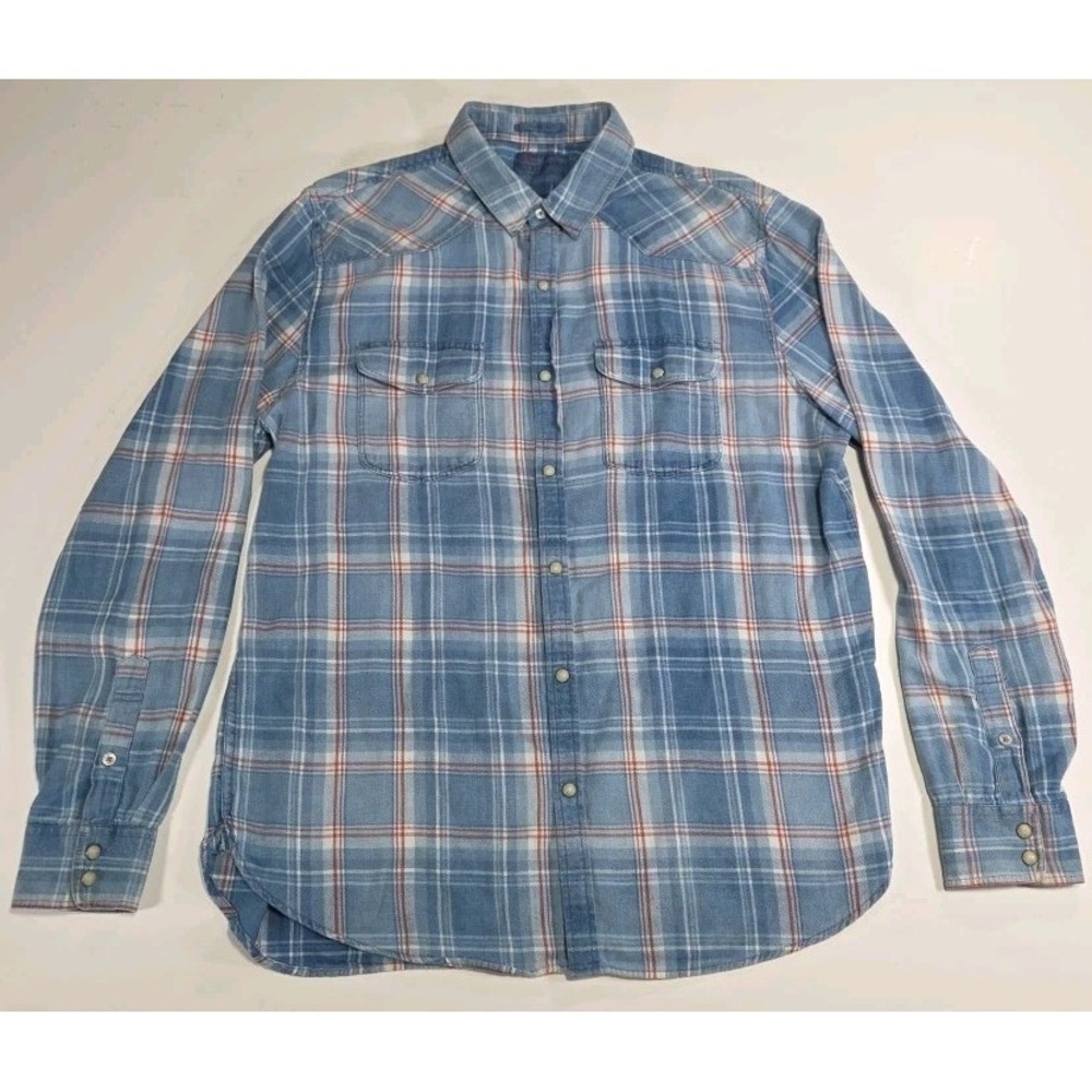 Lucky Brand Pearl Snap Mens L Blue-White Red Plaid Long Sleeve Western Shirt